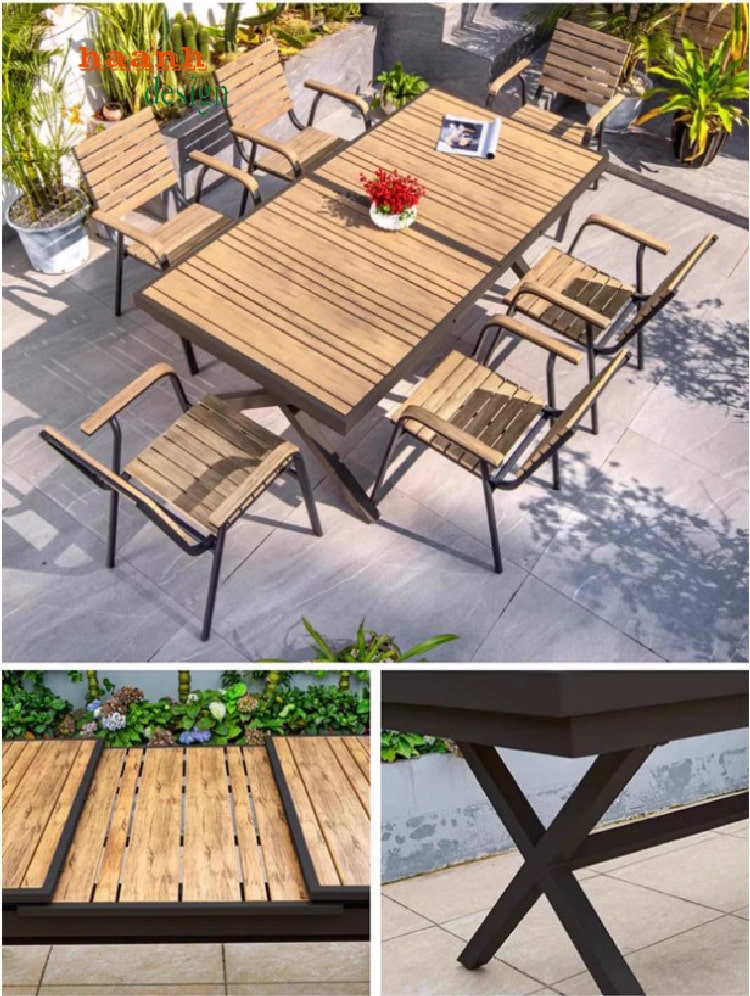 Bàn ghế chân sắt mặt gỗ teak