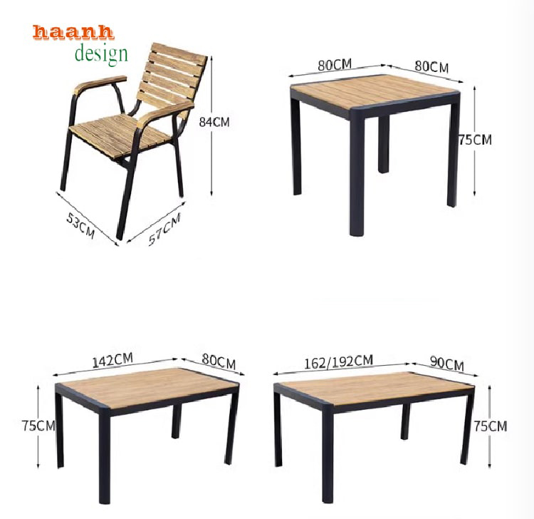 Bàn ghế chân sắt mặt gỗ teak