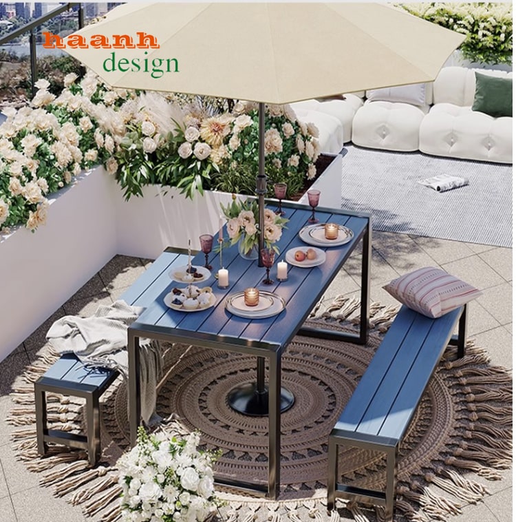 Bàn ghế ngoài trời chân sắt mặt gỗ teak