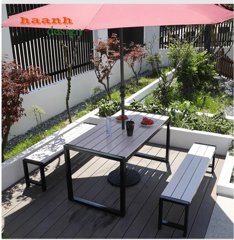 Bàn ghế ngoài trời chân sắt mặt gỗ teak