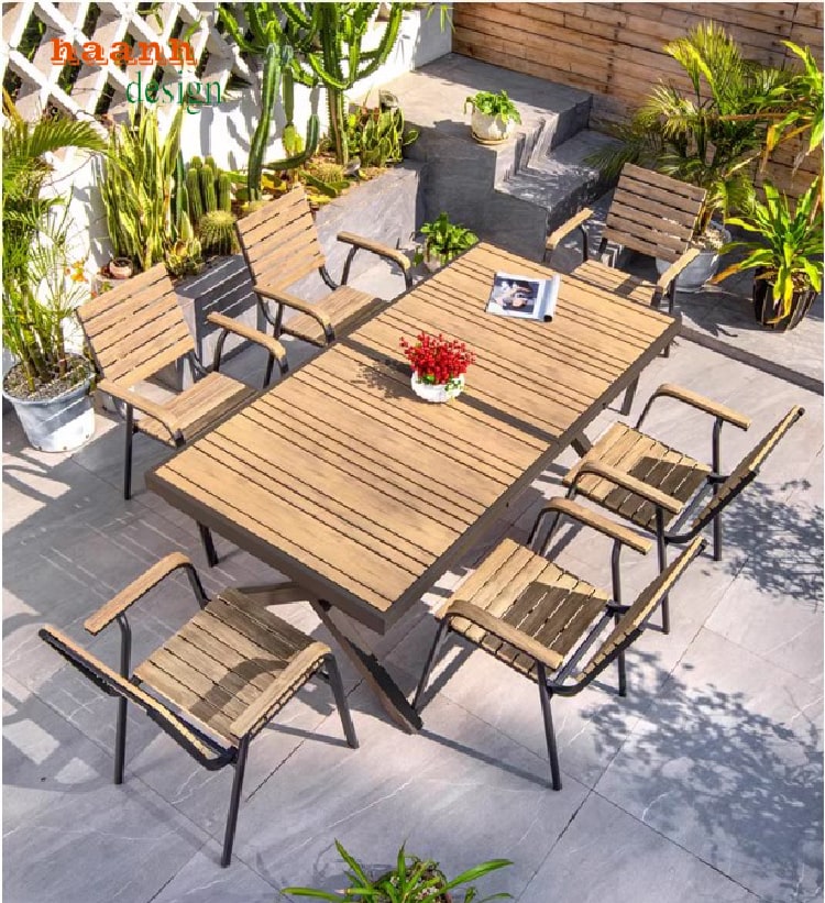 Bàn ghế chân sắt mặt gỗ teak