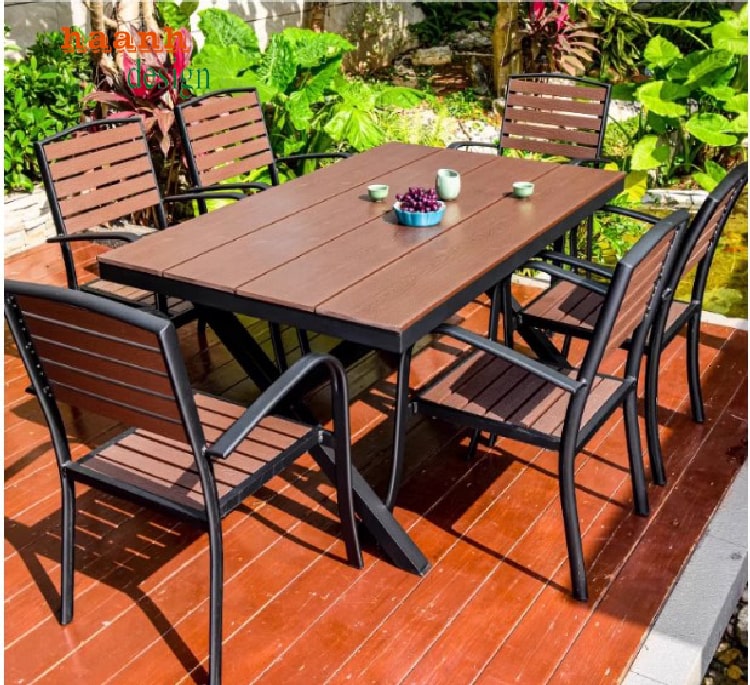 bàn ghế chân sắt mặt gỗ sân vườn