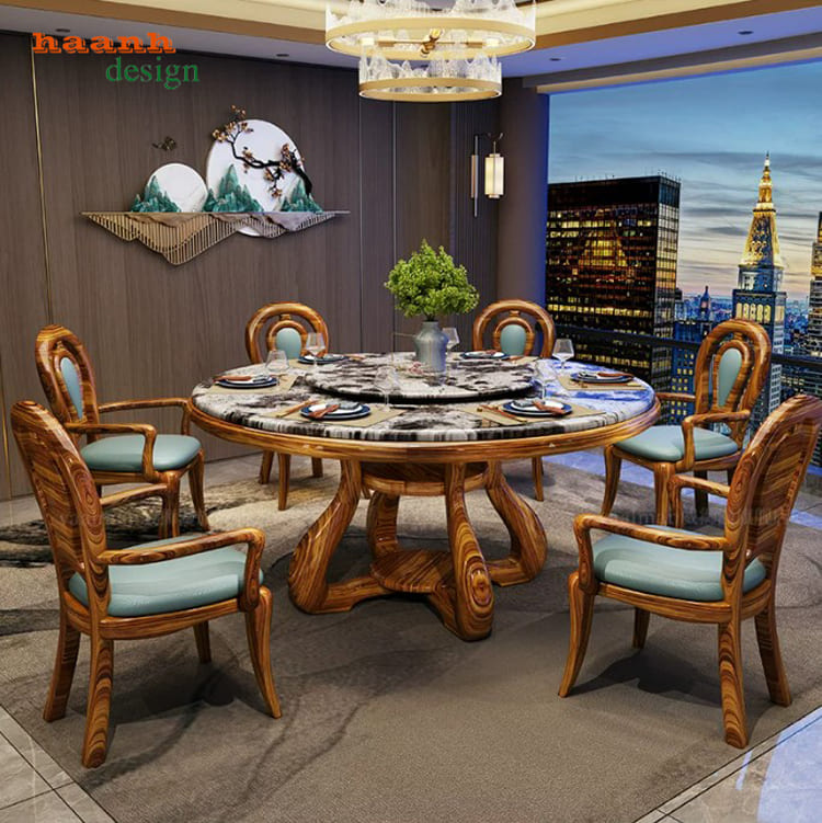 Bàn ghế nhà hàng tân cổ điển NHT 008 - góc tổng thể Bàn ghế nhà hàng tân cổ điển NHT 008 bố trí quanh bàn tròn