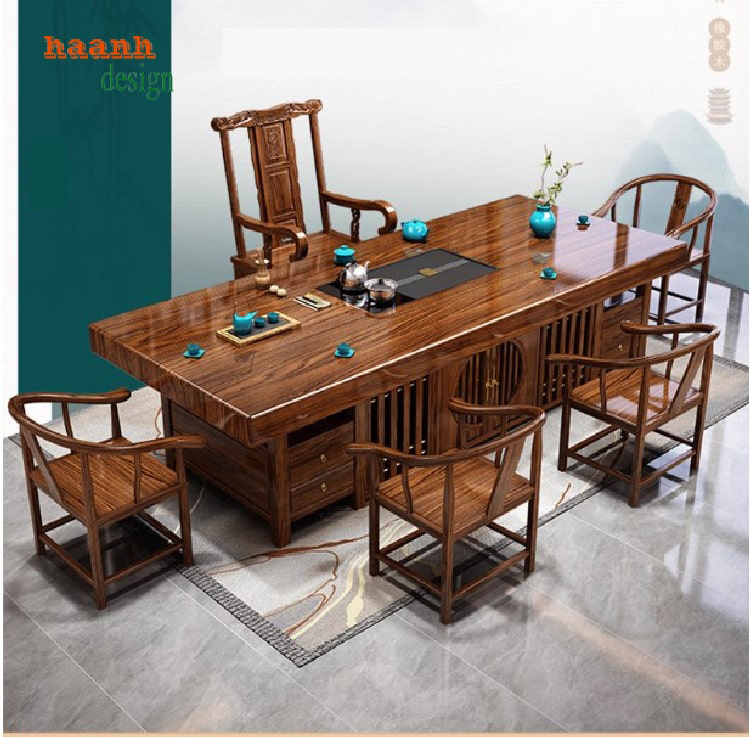 Bàn trà phòng khách gỗ sồi tự nhiên liền khối phong cách nhà Minh