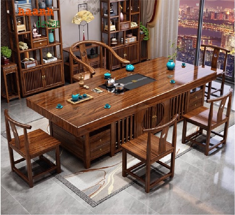 Mặt bàn trà gỗ liền khối nguyên tấm, tinh xảo và chắc chắn