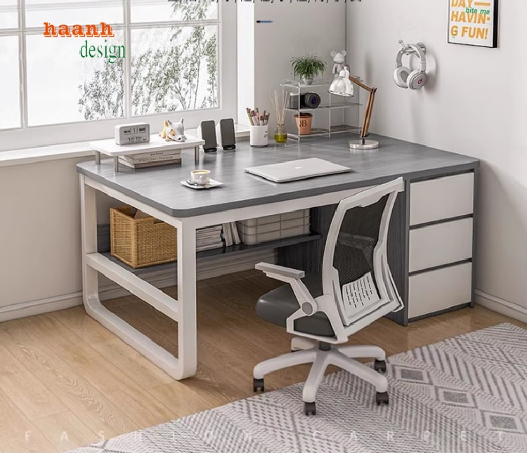 bàn làm việc chân sắt mặt gỗ