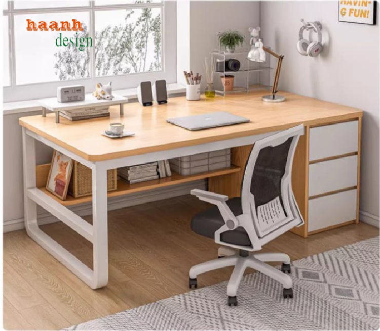 bàn làm việc chân sắt mặt gỗ