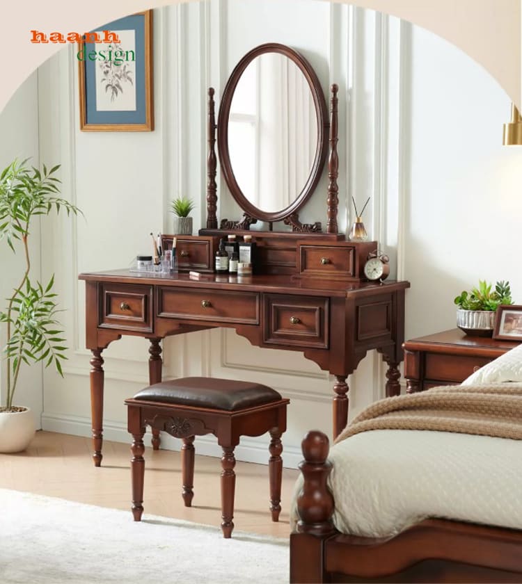 Bàn trang điểm giả cổ gương bầu dục 5 ngăn kéo - BTD 008