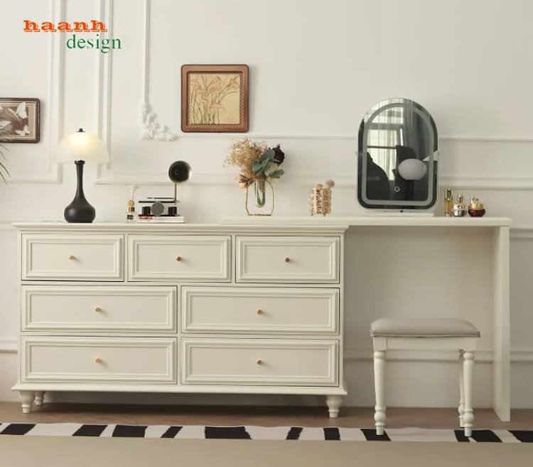 Bàn trang điểm tân cổ điển màu trắng nhiều ngăn - BTA 018