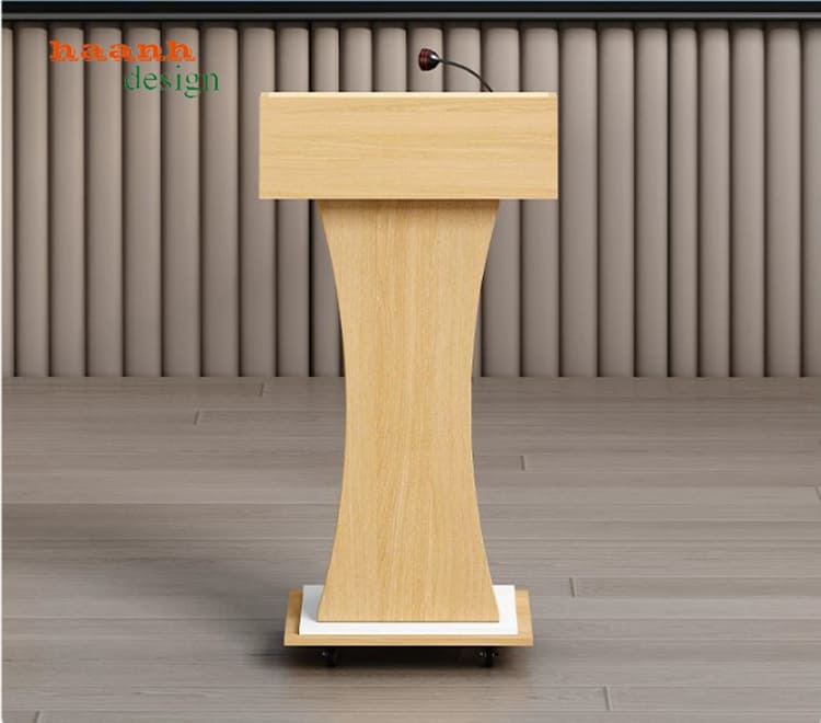 Mặt trước mẫu bục phát biểu vân gỗ sáng có micro minh họa Mặt trước mẫu bục phát biểu vân gỗ sáng có micro minh họa