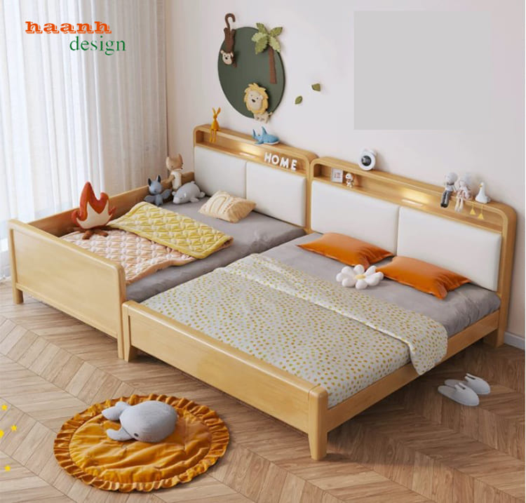 Tổng thể giường GND 018 Giường đơn trẻ em gỗ tự nhiên GND 018 bố trí hai kích thước trong phòng