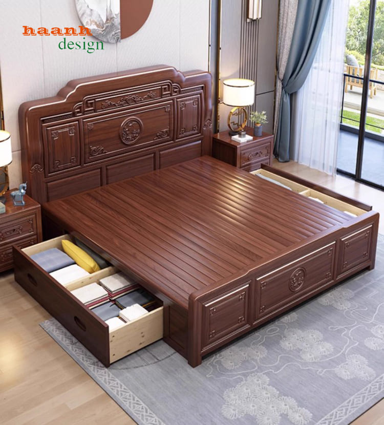 Bộ giường ngủ gỗ tự nhiên trong phòng ngủ gia đình sang trọng