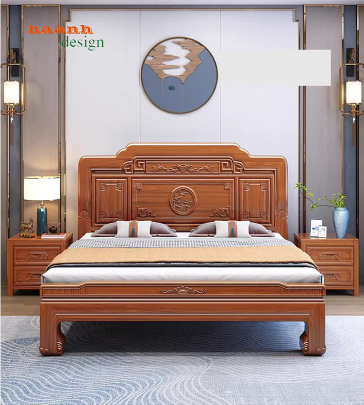 Bộ giường ngủ gỗ tự nhiên phong cách Trung Hoa sang trọng