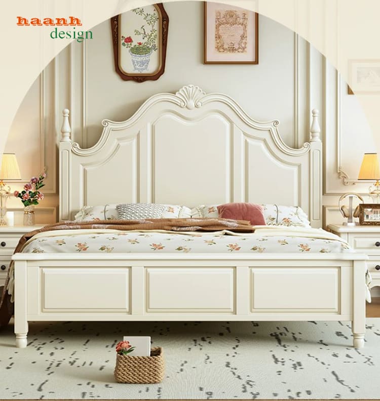 giường ngủ khách sạn cao cấp tân cổ điển trắng kem