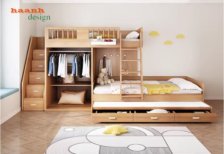 chi tiết giường gỗ 2 tầng trẻ em thiết kế hiện đại