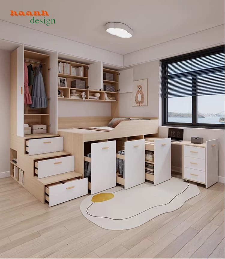 giường gỗ trẻ em hiện đại cho phòng 2 bé
