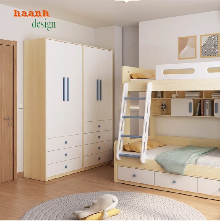 Kệ sách và tủ đồ tích hợp trên giường tầng cho bé