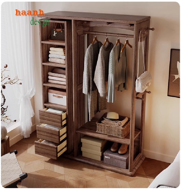 kệ để quần áo bằng gỗ sồi hiện đại trong phòng ngủ sang trọng