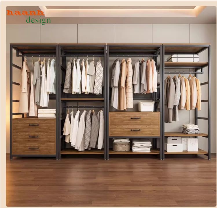 kệ treo quần áo bằng sắt kết hợp gỗ chống ẩm