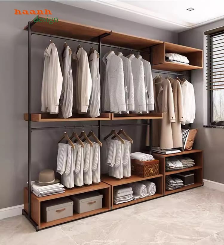 kệ treo quần áo bằng sắt kết hợp kệ gỗ chống ẩm