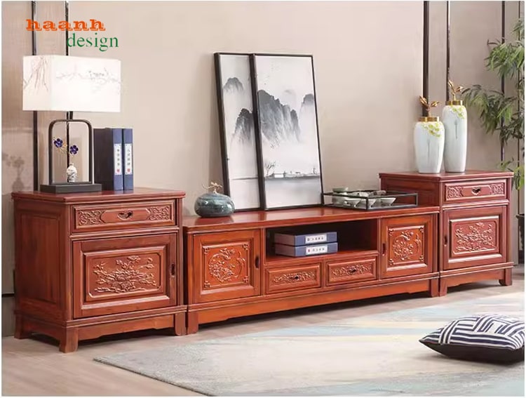 Kệ ti vi phòng khách giả cổ gỗ tự nhiên