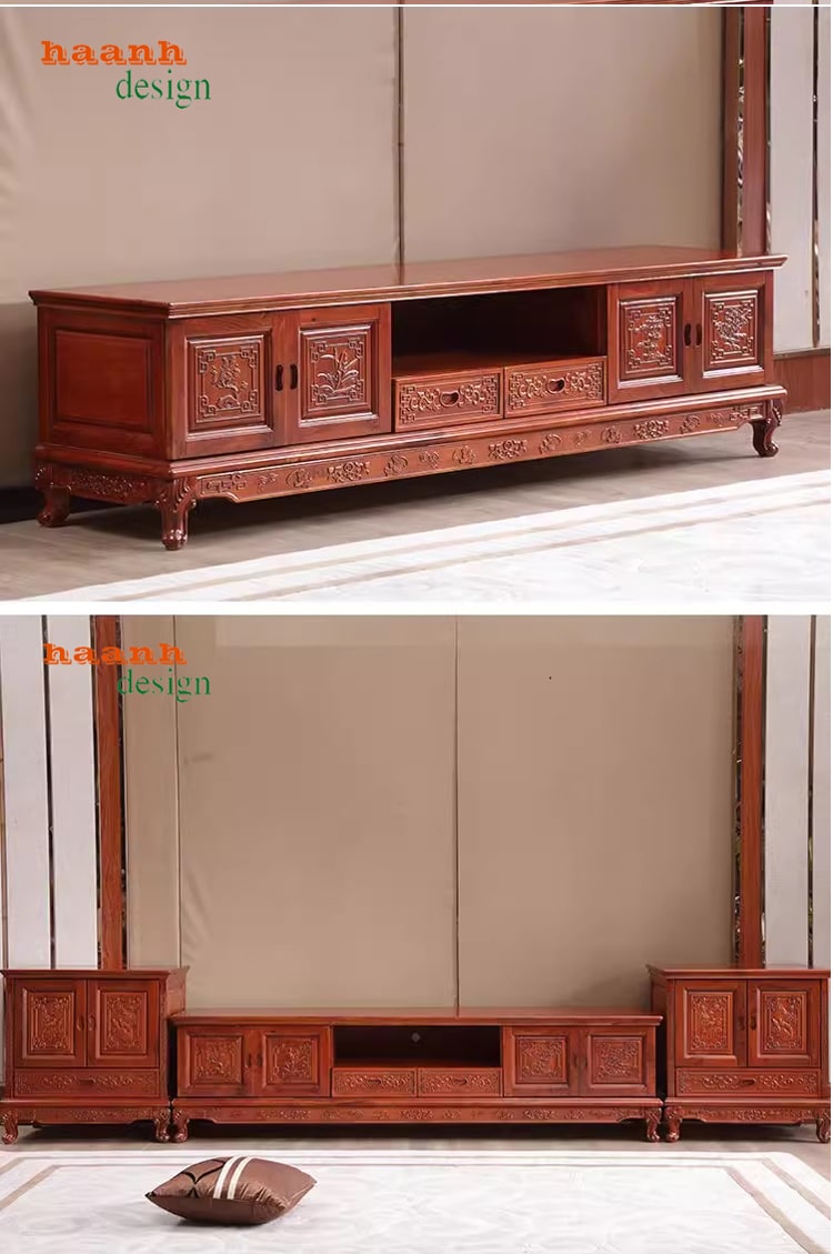 Kệ ti vi phòng khách giả cổ gỗ tự nhiên