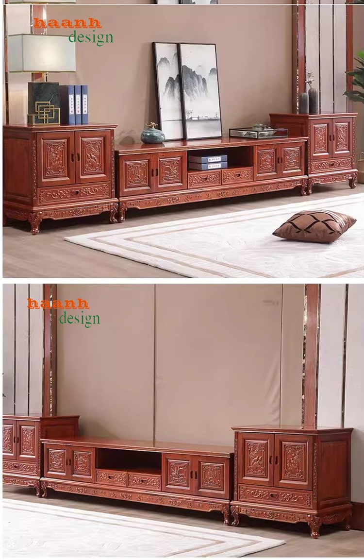 Kệ ti vi phòng khách giả cổ gỗ tự nhiên