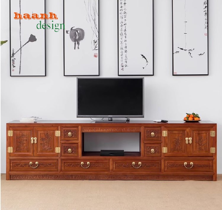 Kệ Tivi Phòng Khách Gỗ Gõ Đỏ Chạm Khắc Cổ Điển Cao Cấp-KTV 009