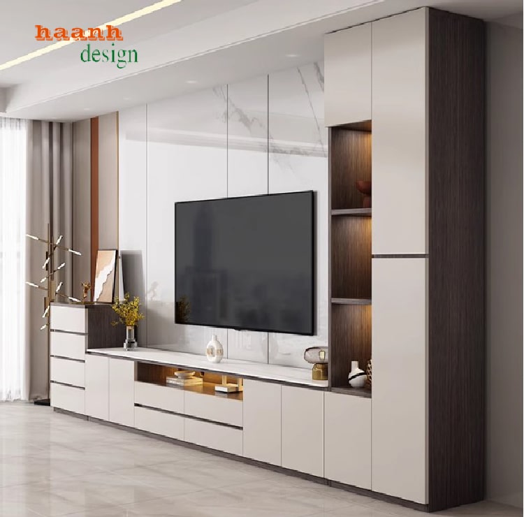 Tủ kệ ti vi phòng khách bề mặt Acrylic phối màu hiện đại