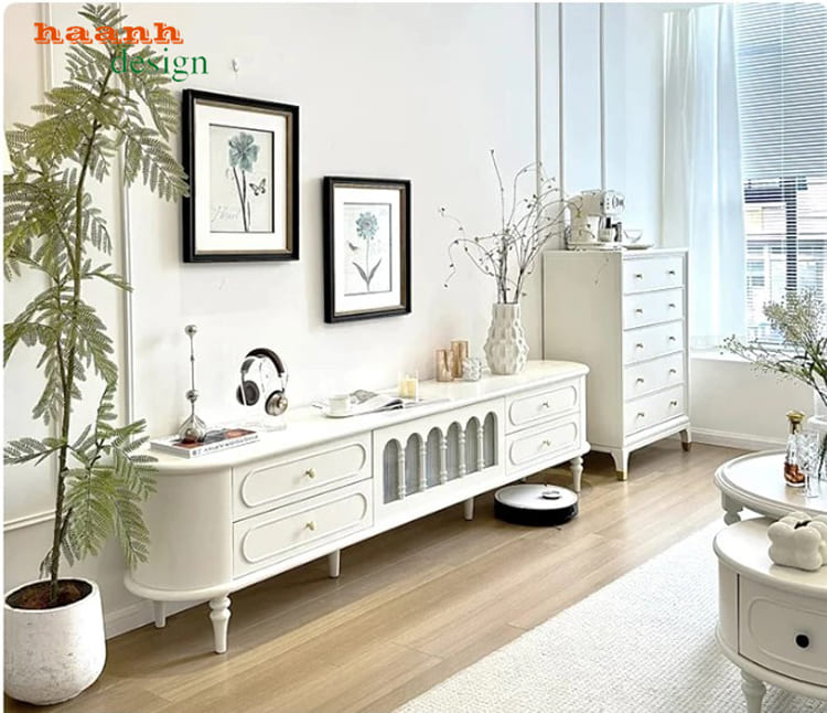 kệ tivi cổ điển gỗ sồi tự nhiên màu trắng kem