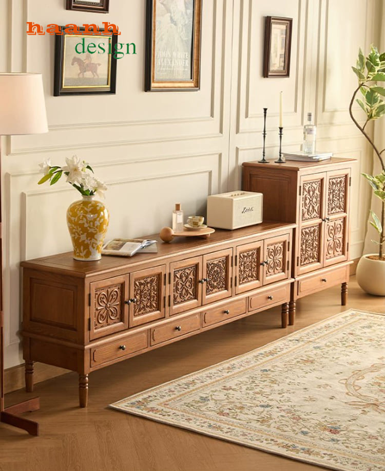 kệ tivi tân cổ điển gỗ tự nhiên phong cách Mỹ