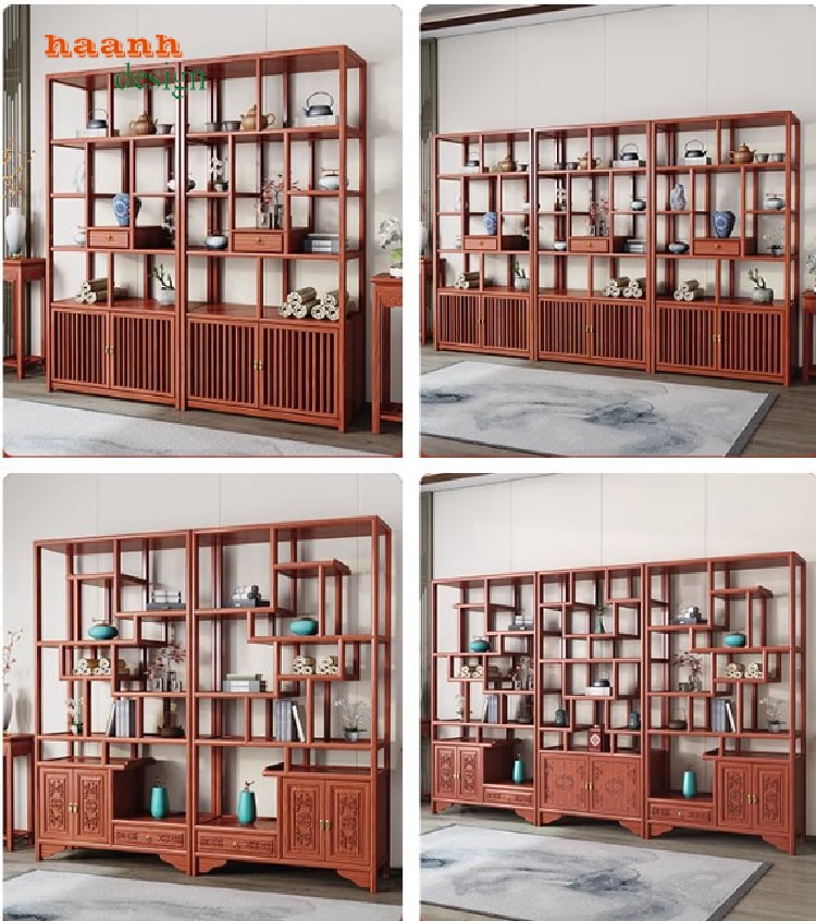 Chi tiết vân gỗ gõ tự nhiên trên kệ gỗ bày đồ