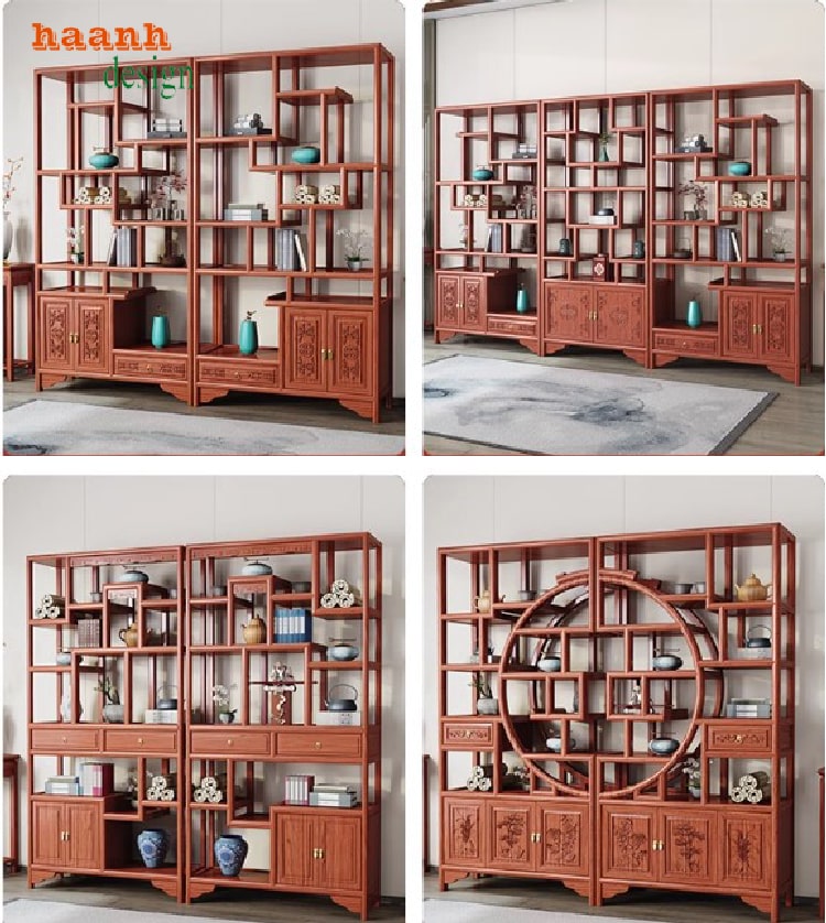 Kệ gỗ trang trí đặt sát tường phòng khách gọn gàng