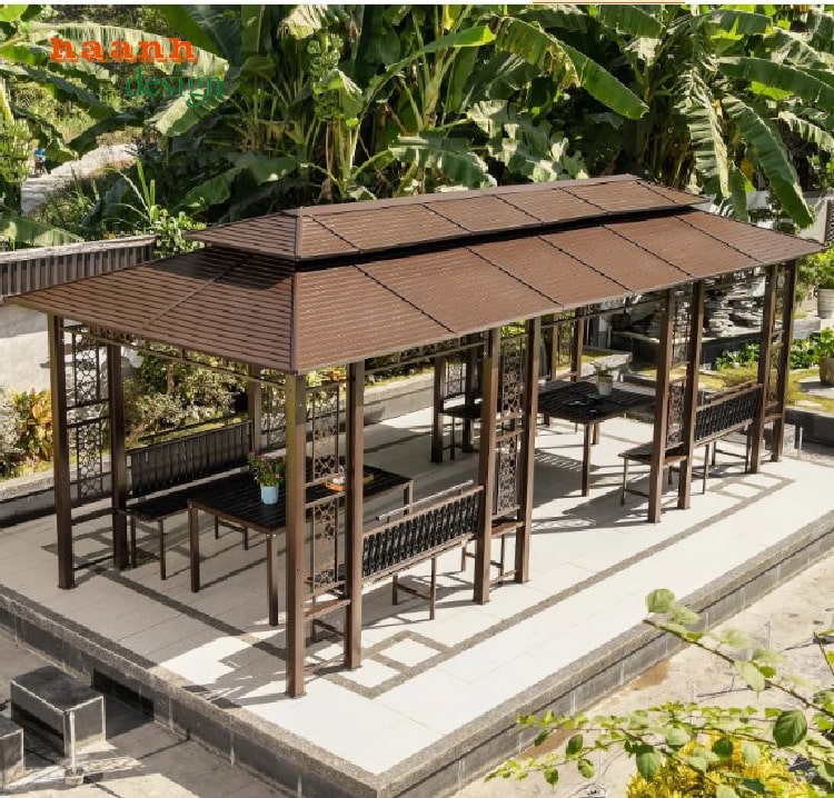 Nội thất chòi sân vườn hiện đại khung kẽm và bàn ghế nhựa giả gỗ