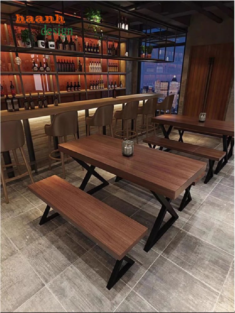 bàn ghế chân sắt mặt gỗ