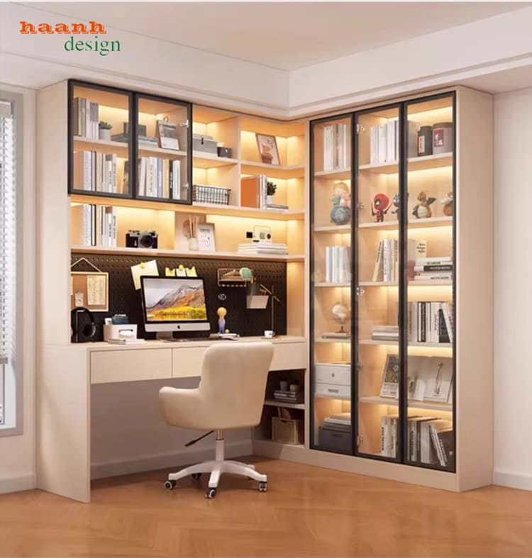 bàn làm việc gỗ kết hợp tủ sách cánh kính hiện đại