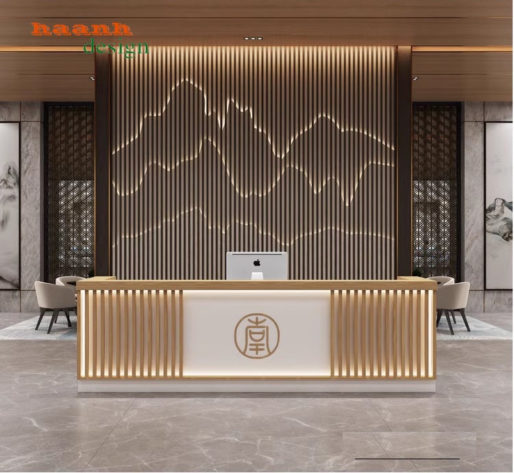 Quầy lễ tân văn phòng gỗ công nghiệp hiện đại chuyên nghiệp QLT 003