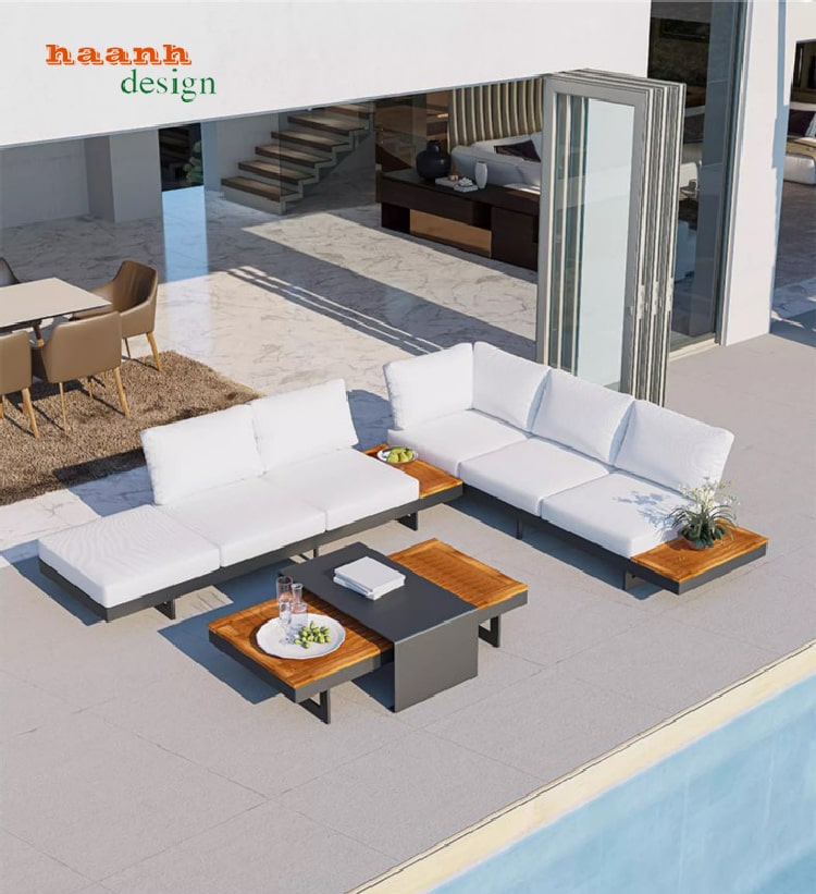 bàn ghế sofa chân sắt gỗ teak ngoài trời