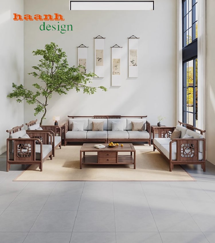 sofa gỗ óc chó cao cấp làm nổi bật không gian phòng khách