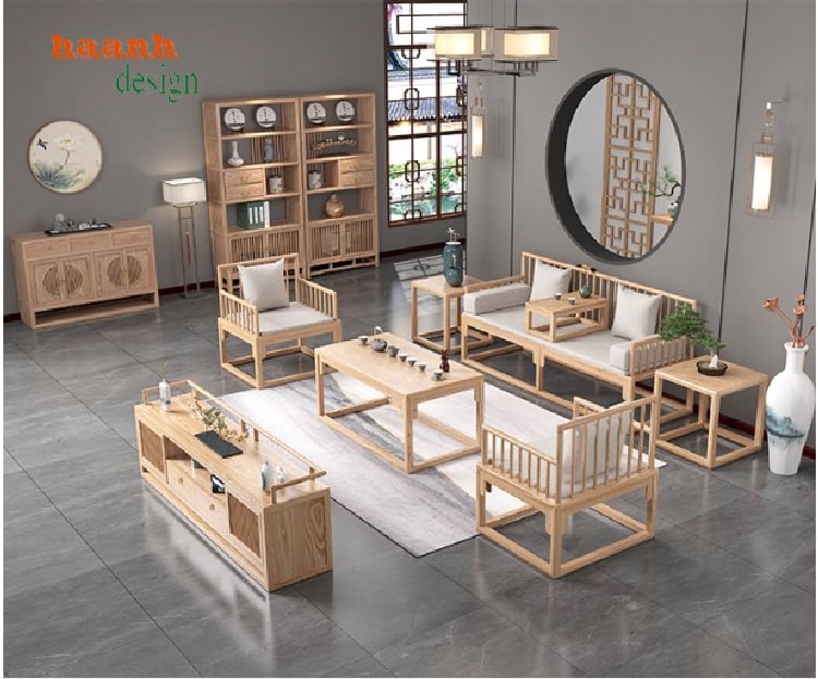 Bộ sofa gỗ sồi với đệm ngồi dày và vải bọc Hàn Quốc