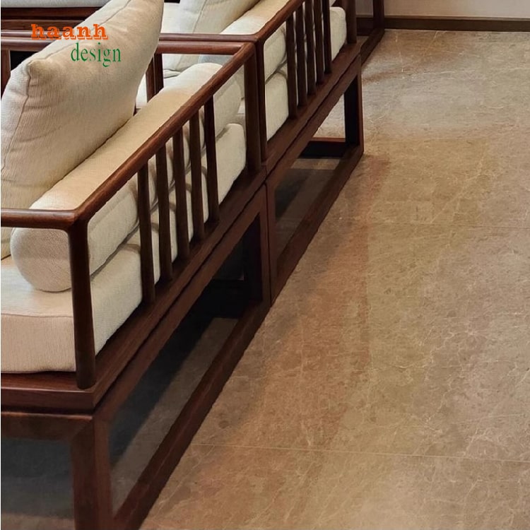 Bàn ghế sofa gỗ óc chó đặt trong không gian phòng khách hiện đại