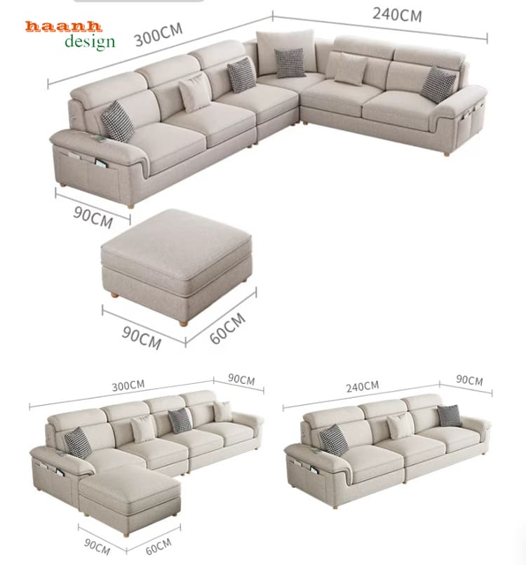Các cấu hình kích thước SFN 018 Các phương án kích thước sofa SFN 018 dạng góc và ghế dài