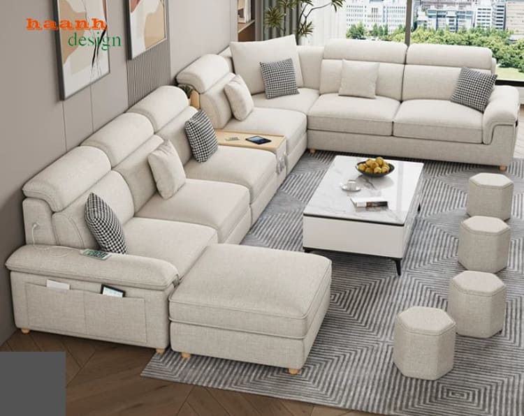 SFN 018 góc nhìn tổng thể thứ hai Ghế sofa nỉ màu kem bố trí góc cùng bàn trà