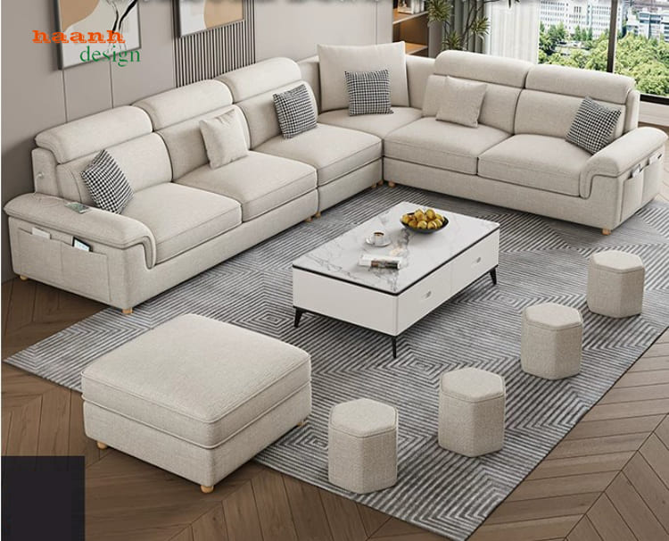 SFN 018 kết hợp đôn rời Sofa góc màu kem kết hợp đôn rời