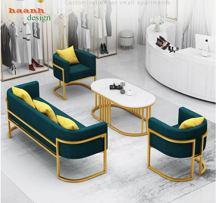 SFS 013 phối ghế màu xanh Bộ sofa sắt phòng khách SFS 013 màu xanh phối vàng