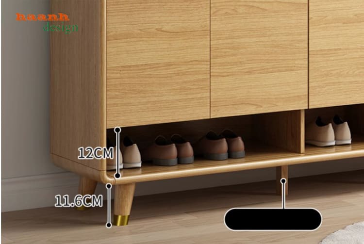 Chi tiết kệ mở và chân tủ Kệ mở phía dưới tủ giầy dép gỗ công nghiệp cao 12 cm