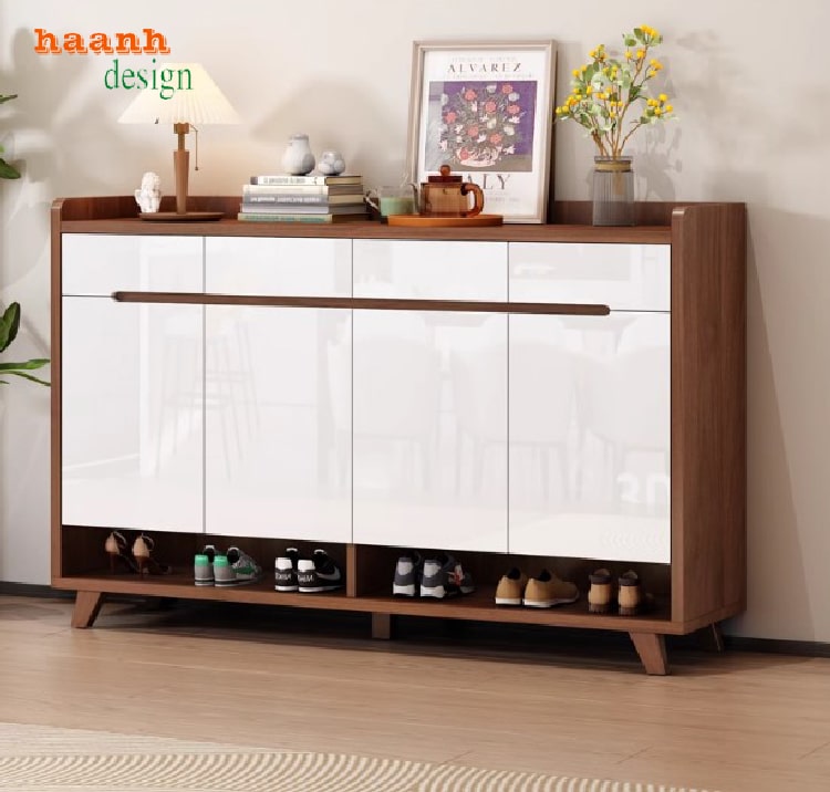 Tủ giày gỗ công nghiệp màu vân óc chó phối đồ hiện đại