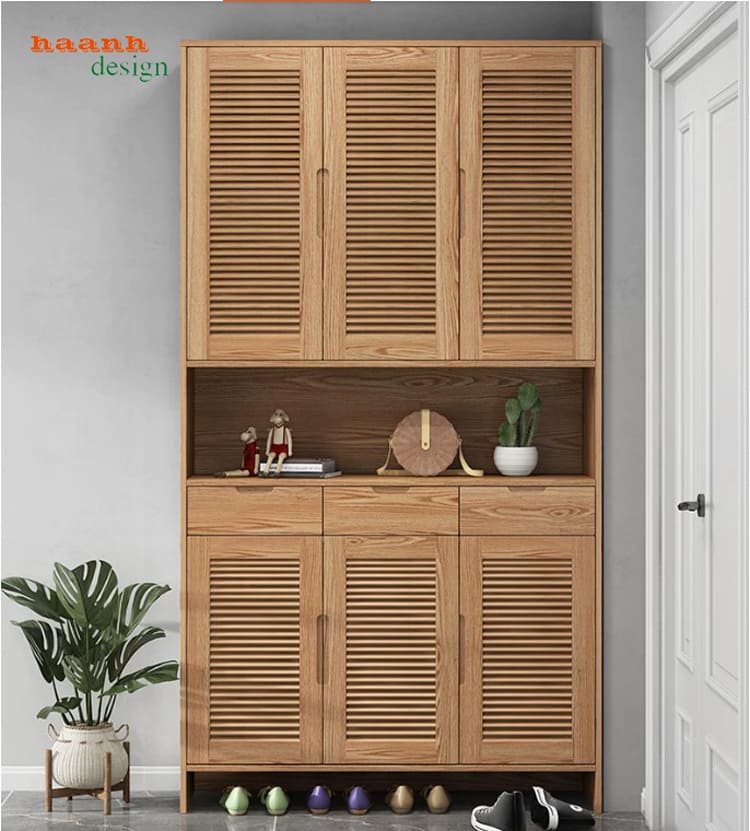 Phương án tủ ba cánh TGH 014 Tủ giày dép gỗ tự nhiên ba cánh với ba ngăn kéo