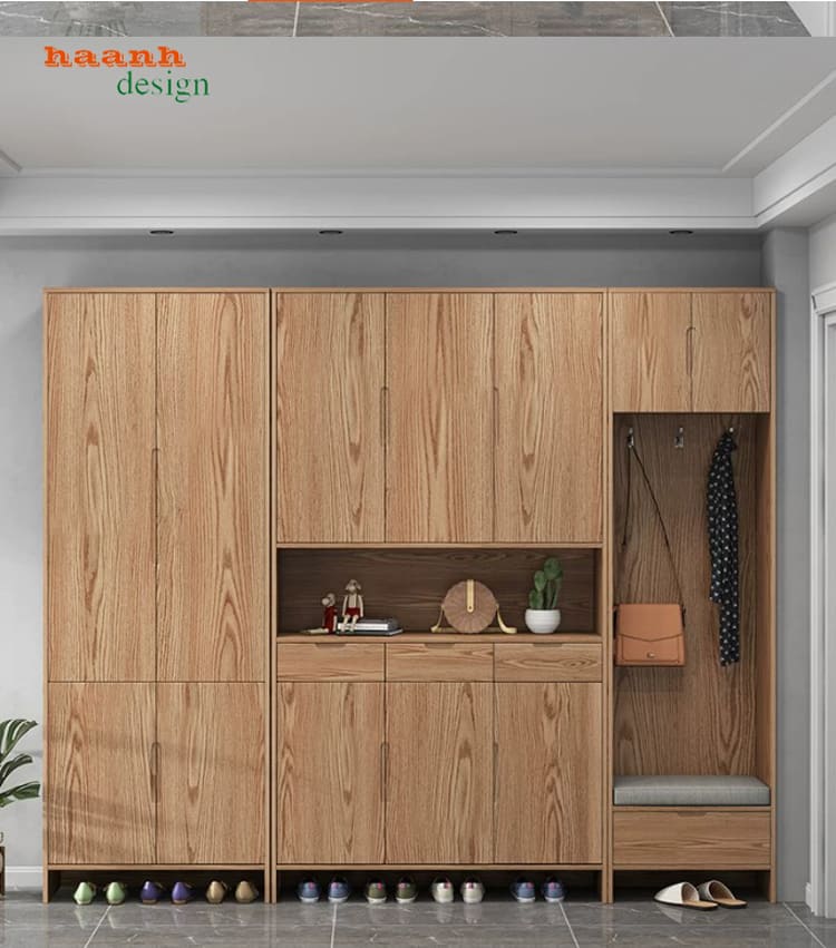 Phương án hệ tủ rộng TGH 014 Hệ tủ giày kết hợp cánh phẳng khoang mở và khu treo đồ