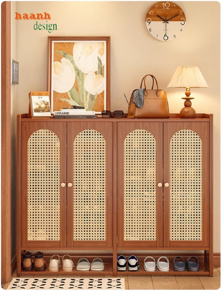 tủ giày gỗ sồi kết hợp cánh mây thông thoáng sang trọng